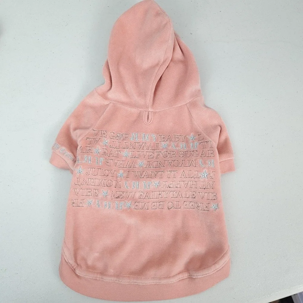 Vntg Y2K Juicy Couture Dog Hoodie Large L Pink Velour Logo Pet Sweatshirt